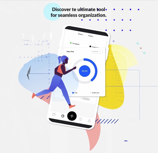 Ease Planner App showing time tracking with category percentages and life balance visualization